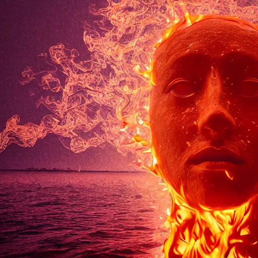 Image similar to a sculpture made of flame in the shape of a human head, on the ocean water, water manipulation photoshop, cgsociety, cinematic, in the style of johnson tsang, long shot, hyper detailed, hyper realistic, ray tracing, 8 k resolution, sharp focus, realistic water, award winning