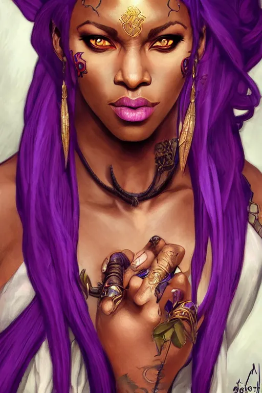 Prompt: portrait of an african female tiefling rogue with long straight purple hair, horns, golden eyes, tribal thorn tattoos by artgerm and greg rutkowski and alphonse mucha