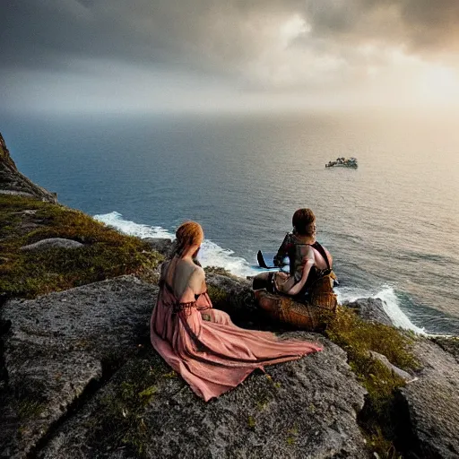 Image similar to romantic meeting on a cliff between a Viking king and a Valkyrie above a burning ocean of war, By Emmanuel Lubezki