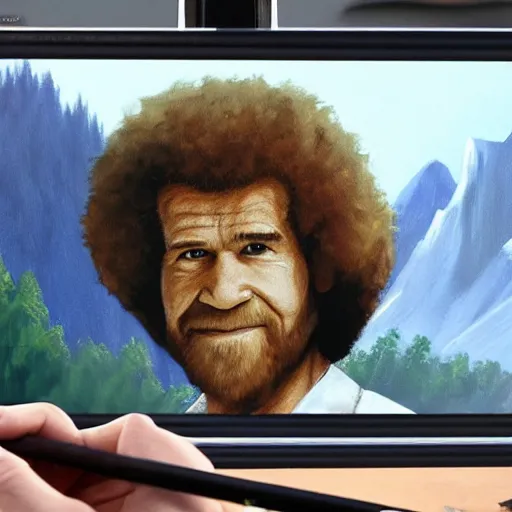 Image similar to a closeup photorealistic photograph of bob ross working on a canvas painting of spiderman. film still. brightly lit scene. mountains and trees. this 4 k hd image is trending on artstation, featured on behance, well - rendered, extra crisp, features intricate detail, epic composition and the style of unreal engine.