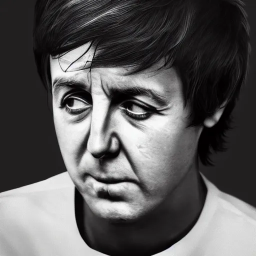 Prompt: portrait of sad young Paul McCartney crying and looking very unhappy with a tear on his cheek photorealistic trending on artstation 8k high quality very coherent art lighting