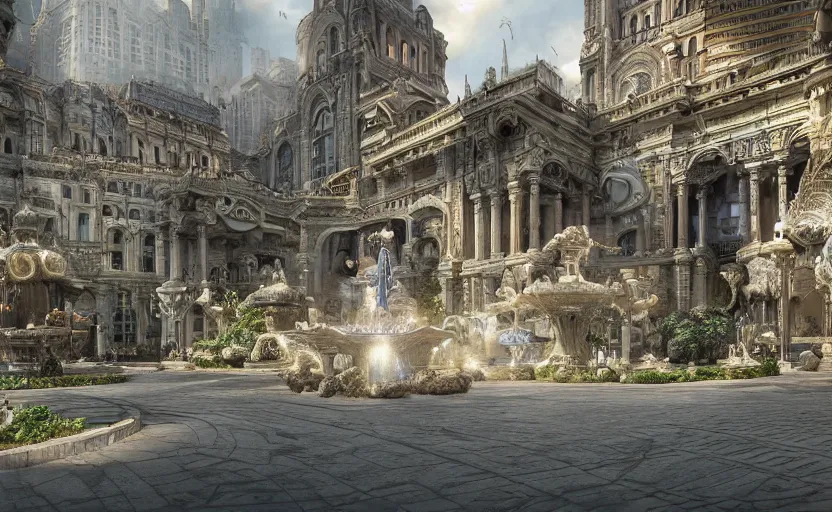 Prompt: Whimsical architecture buildings, next to a fountain and a mystical palace, hyperrealistic mixed media, stunning 3d render inspired art by P. Craig Russell and Barry Windsor-Smith + perfect facial symmetry + dim volumetric lighting, 8k octane beautifully detailed render, post-processing, extremely hyperdetailed, intricate futuristic mechanic parts, epic composition, bright and sparkling atmosphere, cinematic lighting + masterpiece, trending on artstation