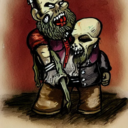 Image similar to gouache of a dwarf necromancer fixing up a zombie