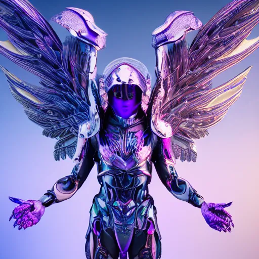 Image similar to a photo of 8 k ultra realistic archangel with 6 wings, full body, intricate purple and blue neon armor, ornate, cinematic lighting, trending on artstation, 4 k, hyperrealistic, focused, high details, unreal engine 5, cinematic