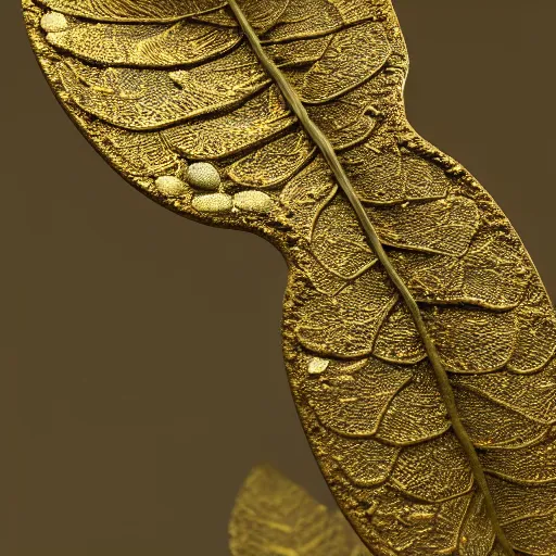 Image similar to Intricate a whole fantasy leaf, encrusted with jewels, gilded gold, detailed veins, sharp focus, octane render, high quality, 8k, volumetric lighting, on black background