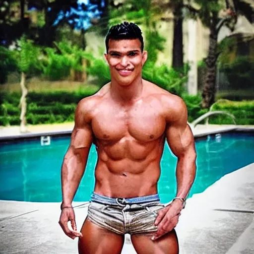 Image similar to “a realistic detailed photo of a handsome guy who is named Rey Garza a fitness model, frozen like a statue, with shiny skin, by a pool, on display”