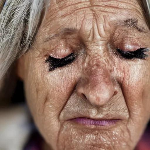 Prompt: a tear falls down the face of an old woman, still beautiful despite wrinkles, wearing a dark dress, highly detailed, sharp focus