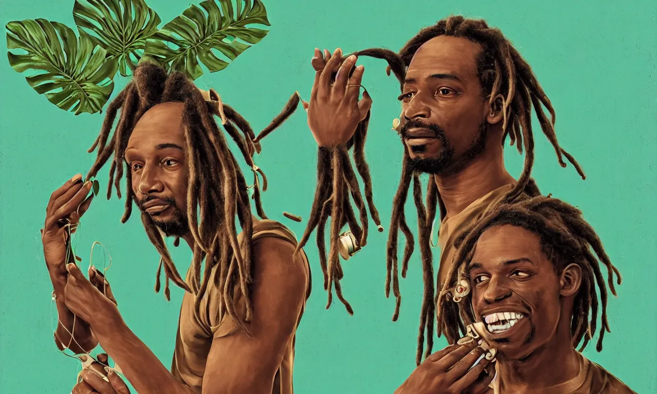 Prompt: very very beautiful portrait of a jamaican man with dreadlocks repairing a toroidal energy device, floating in zero gravity, in a comfy mint green velvet loungeroom, solarpunk, detailed realistic smiling faces, surrounded by advanced elegant factory machinery, monstera deliciosa, biomechanical, symmetrical, sunrise, golden ratio, elegant, elite, lush, atmospheric, volumetric lighting, haunting, wide angle, cinematic, trending on artstation, unreal engine, 8k, vivid and vibrant