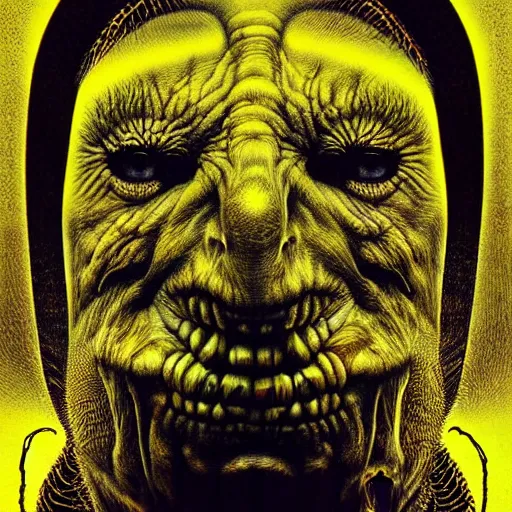 Image similar to mutated giant techno troll, by beksinski and tristan eaton, black and yellow, dark neon trimmed beautiful dystopian digital art