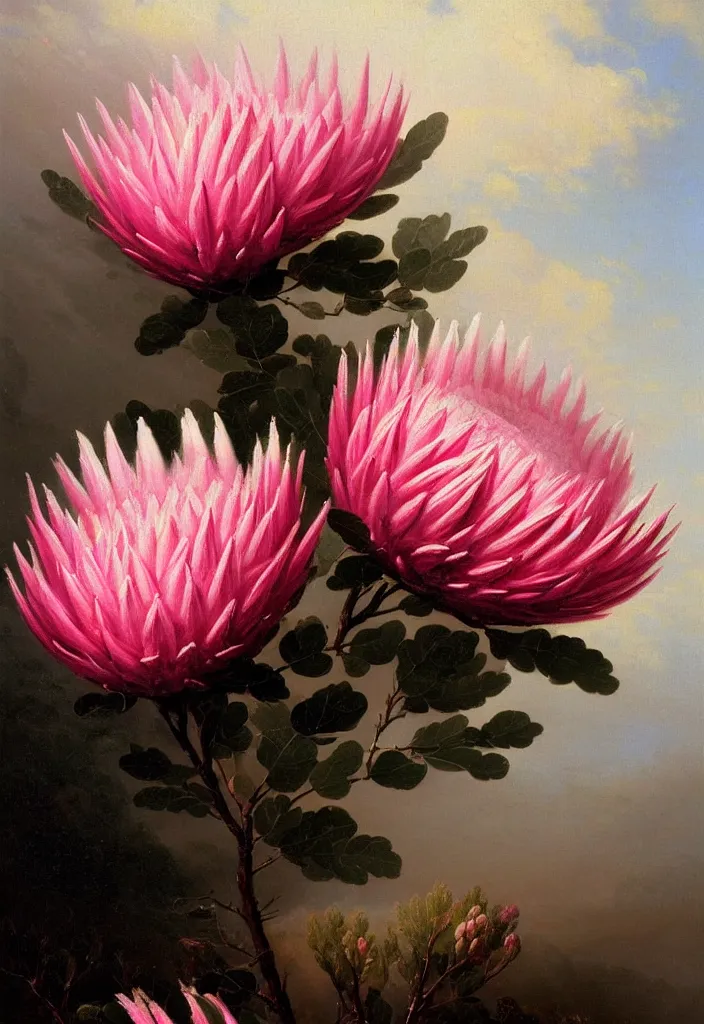 Image similar to detailed pink and white proteas against a black backdrop by ivan aivazovsky, detailed brush strokes, oil painting, artstation