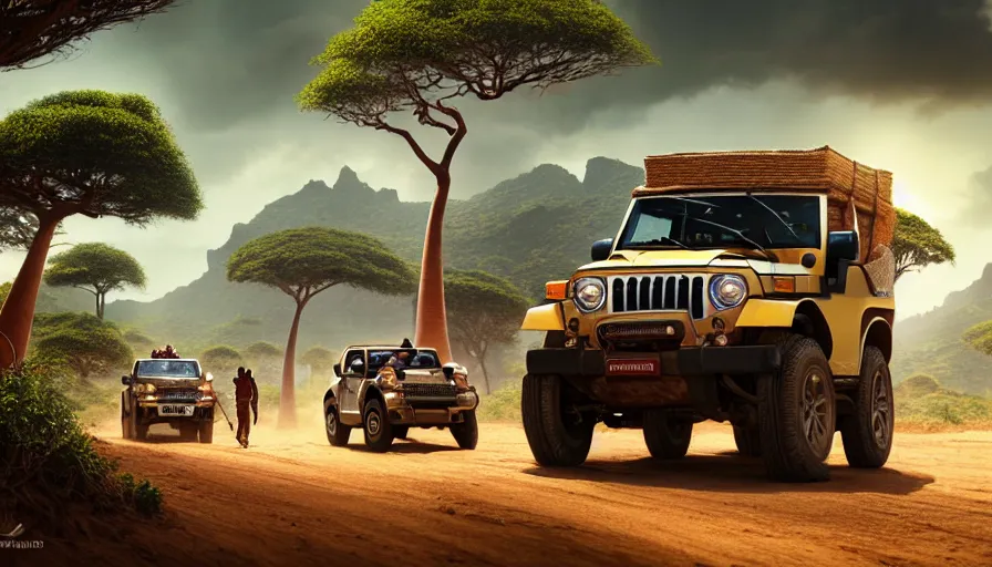 Image similar to mahindra thar driving through madagascar with baobabs trees, tribe members chasing for an attach, action scene, an epic fantasy, artgerm and greg rutkowski and alphonse mucha, an epic fantasy, volumetric light, detailed, establishing shot, an epic fantasy, cinematic, photorealistic, ultrarealistic, trending on art station, octane render, midsommar