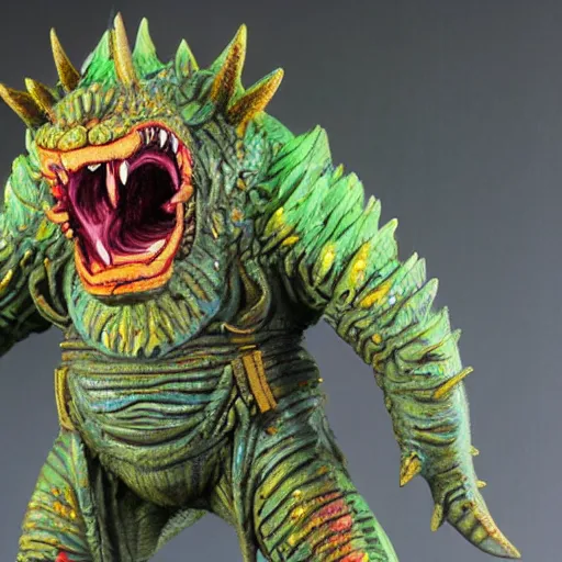 Image similar to a kaiju figurine super detailed oil painting with muted fluo colors