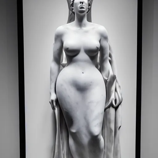 Image similar to a realistic modern white marble statue of kim kardashian wearing a ghostly dress, displayed in a museum art gallery, moody, dramatic lighting, dark, photorealistic, cinematic scene, super detailed, hyper realistic, 8 k