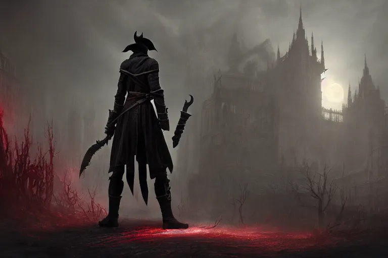 Prompt: an ultra matte painting of teferi in the style of bloodborne, concept art by art by john collier and albert aublet and krenz cushart, scary shadows, blood moon eclipse, octane render, liminal space