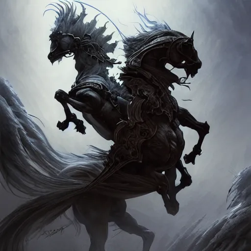 Image similar to concept art by artgerm, death of the four horsemen of the apocalypse, soft grey and blue natural light, intricate, queen of death riding, highly detailed dark art, digital painting, artstation, concept art, smooth, sharp focus, illustration, art by greg rutkowski and luis rollo and uang guangjian and gil elvgren, symmetry!