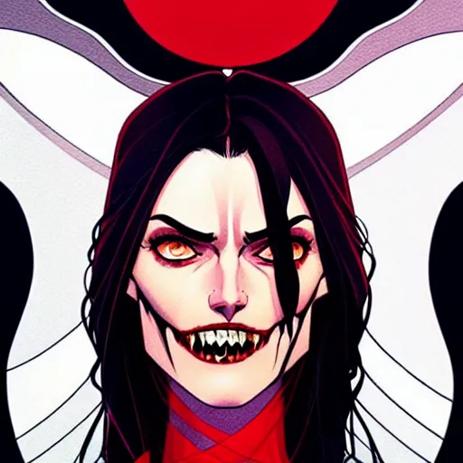 Prompt: Rafeal Albuquerque comic art, Joshua Middleton comic art, pretty Phoebe Tonkin vampire sharp teeth, fully red eyes no pupils, razor sharp teeth open mouth evil smile, horror, symmetrical face, symmetrical eyes, pretty white dress, short black hair, full body:: snow outside::