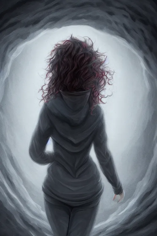 Image similar to back view of a curly long black haired woman wearing grey hoodie discovering a red dragon in a cave, digital art, trending on artstation, fantasy painting