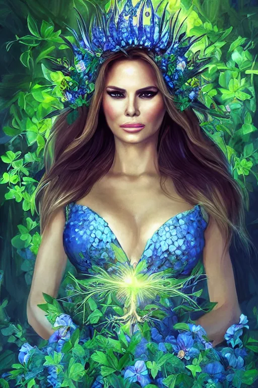 Prompt: portrait of a beautiful young melania trump as titania, summer queen. faerie queen. queen of light, blue, poison ivy, made by caravaggio stanley artgerm lau wlop rossdraws artstation cgsociety concept art cgsociety octane render