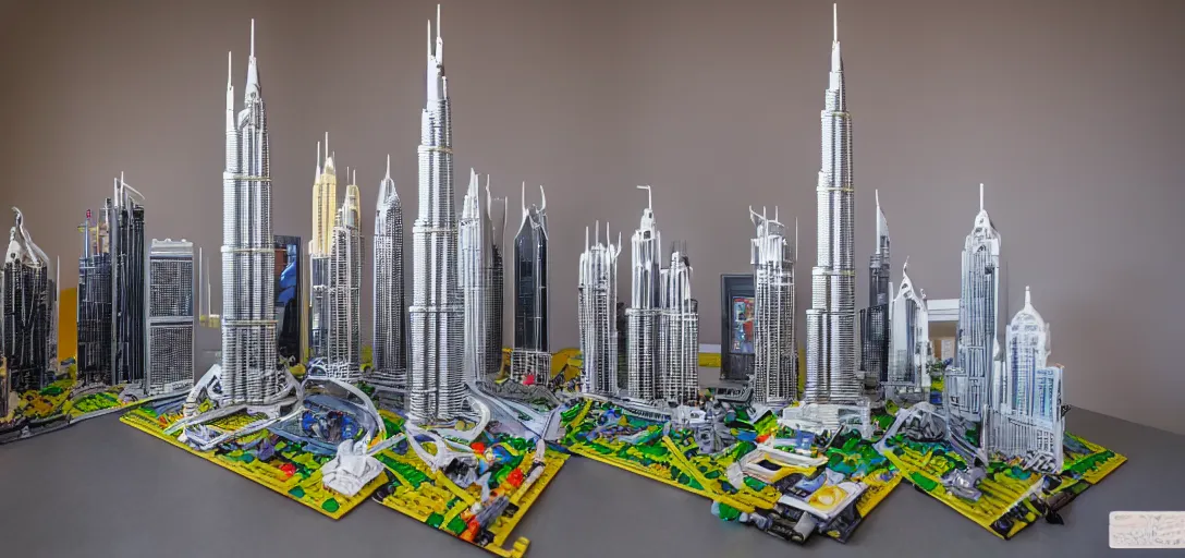 Image similar to detailed lego build of burj khalifa, dubai on basement table, professional photo, professional lighting, HDR