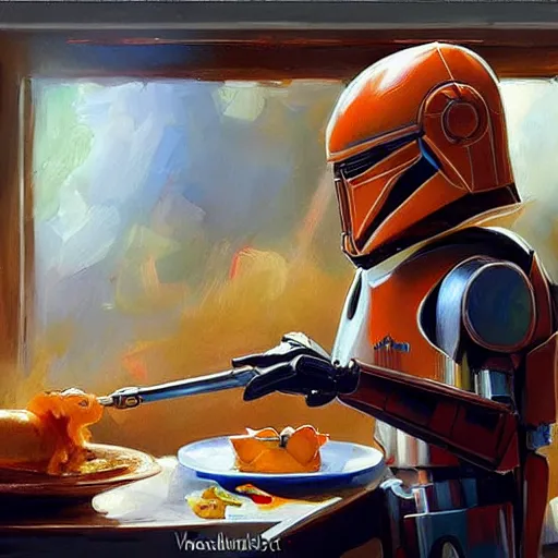 Prompt: Star wars battle droid making breakfast, painting by Vladimir Volegov