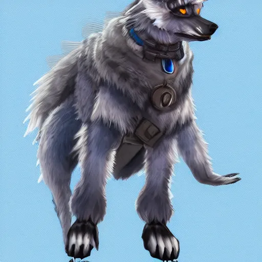 Prompt: dieselpunk furry blue wolf with fluffy tail, fantasy, artstation