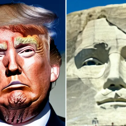 Prompt: donald trump's face carved into the rock on mount rushmore. the photo clearly depicts donald trump's facial features next to other former presidents, at a slightly elevated level, depicting his particular hair style carved into the stone at the mountain top, centered, balances, regal, pensive, powerful, just