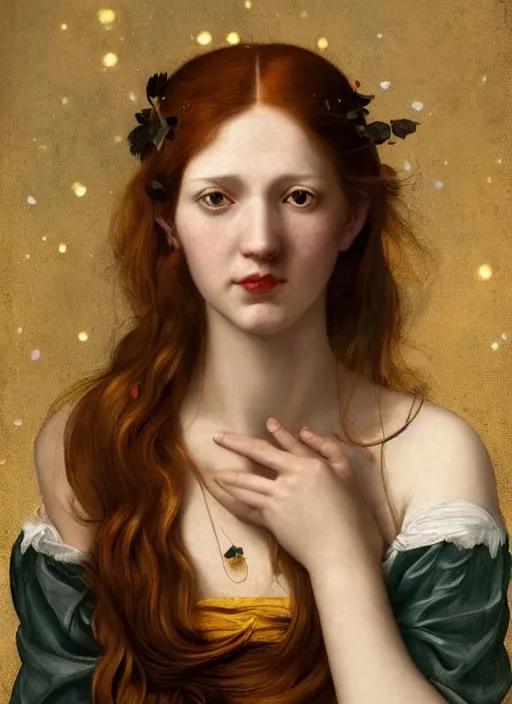 Image similar to a happy a young woman wearing a sophisticated dress, among the lights of golden fireflies and nature, long loose red hair, intricate details, green eyes, freckles on the nose, round gentle face, full figure portrait, golden ratio, high contrast, photorealistic digital art by artemisia lomi gentileschi and caravaggio and tomacz alen kopera.