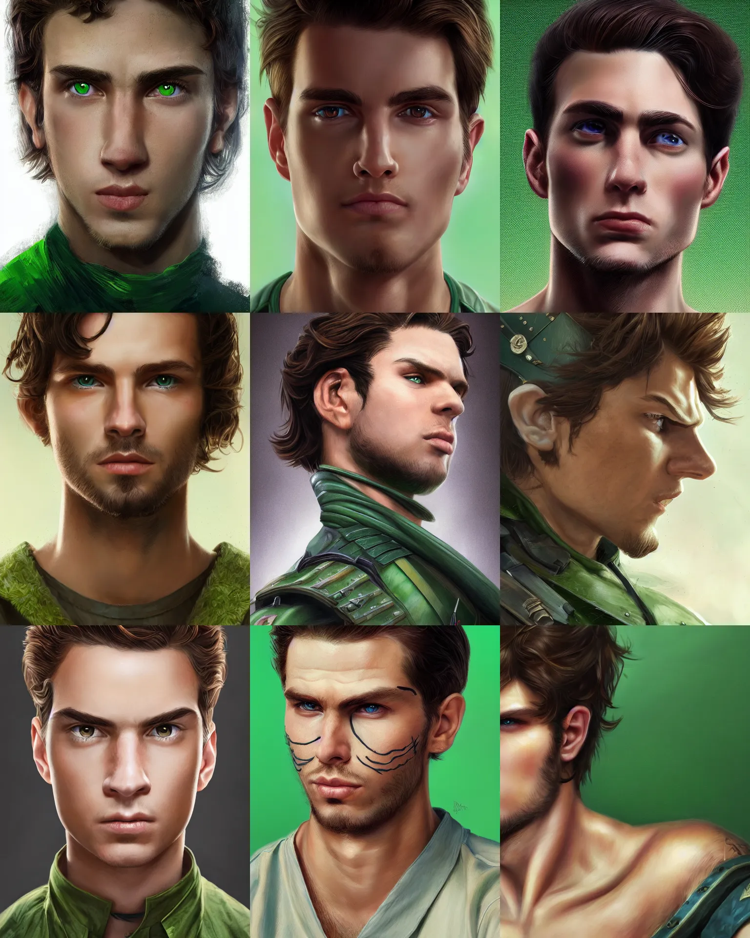 Prompt: closeup portrait of a determined young caucasian man with swept back short dark brown hair and green eyes, preparing for battle, highly detailed, intricate, elegant, hyperrealism, digital art by ross tran and artgerm and greg rutkwowski and wlop, 8 k hd