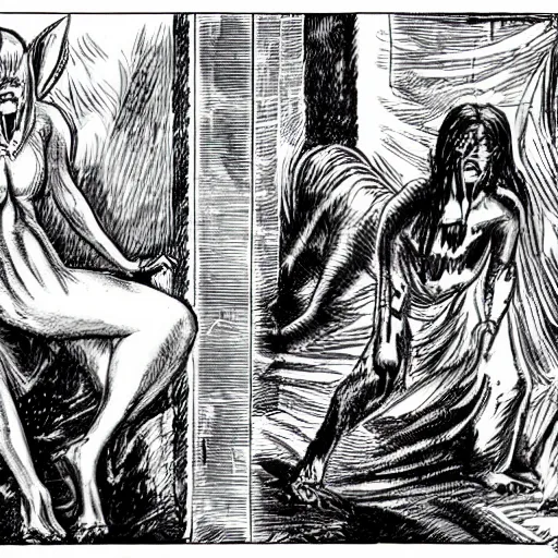 Image similar to a woman is lying in bed, asleep. suddenly, she wakes up to find a dark figure standing over her. it's a demon, come to take her soul! the woman screams and tries to run, but the demon is too fast. it catches her and drags her into the underworld, where she will be tortured for eternity.