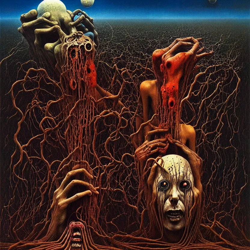 Prompt: a living nightmare, cosmic horror, by zdzisław beksinski and esao andrews and salvador dali, oil on canvas, mixed media, abstract, surreal, horror, dark, intricate textures