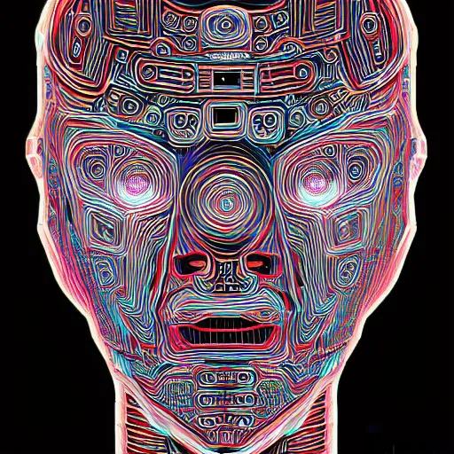 Image similar to hyperdetailed portrait of a psychedelic cyberpunk robot head, 8 k, symetrical, halluzinogenic, meditative, vector art, black background