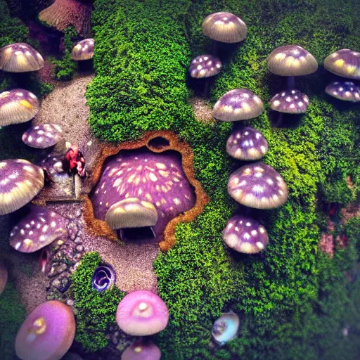 Image similar to Mushroom house, fairy, magical, mystical, psychedelic, realism, realistic, macrophotography, aerial veiw, 4k