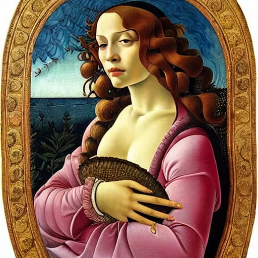 Prompt: an hyperrealistic mythological oil painting of a beautiful woman with long curly brown hair, full body, wearing floral chiton, lying in a giant scallop shell near the seashore, intricate, elegant, renaissance style, by sandro botticelli
