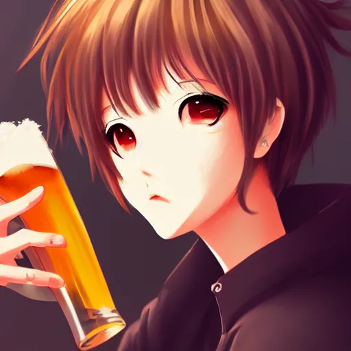 Image similar to Masculine looking anime girl at a bar drinking a beer, warm glow from the lights, angle that looks up at her from below, deviantart, pixiv, detailed face, smug appearance, beautiful anime, obviously drunk with reddish cheeks