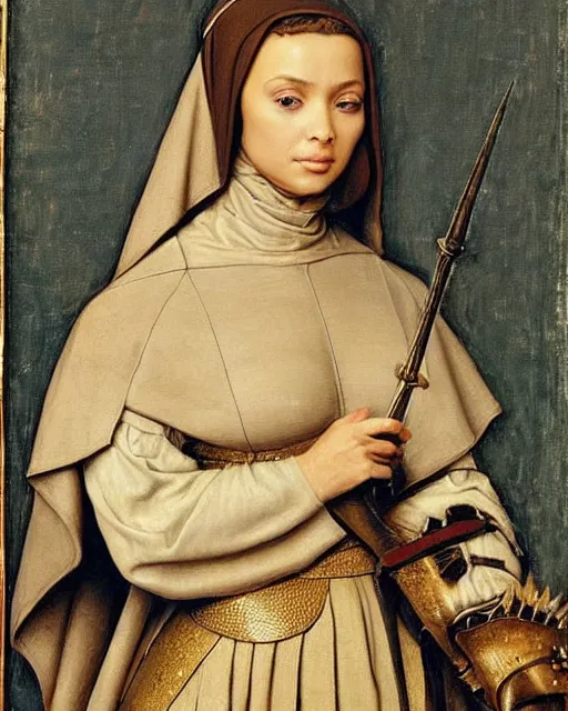 Image similar to kim kardashian as armored battle nun, delicate detailed medieval portrait in the style of eugene de blaas, perfect face