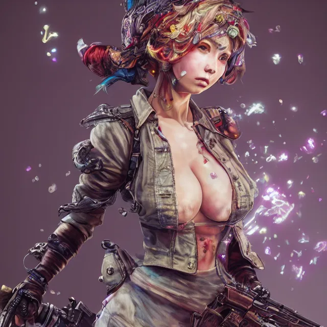 Prompt: the portrait of chaotic neutral colorful female gunner assassin as absurdly beautiful, gorgeous, elegant, playful, realistic young gravure idol, an ultrafine hyperdetailed illustration by kim jung gi, irakli nadar, detailed faces, intricate linework, octopath traveler, final fantasy, unreal engine highly rendered, global illumination, radiant light, detailed and intricate environment