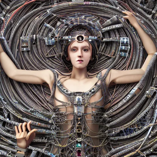 Image similar to tapping in to something greater, serene power, piles of modular synth cables, goddess laying down wearing a headpiece made of circuit boards, by cameron gray, wlop, stanley kubrick, masamune, hideki anno, unique perspective, trending on artstation, 3 d render, vivid