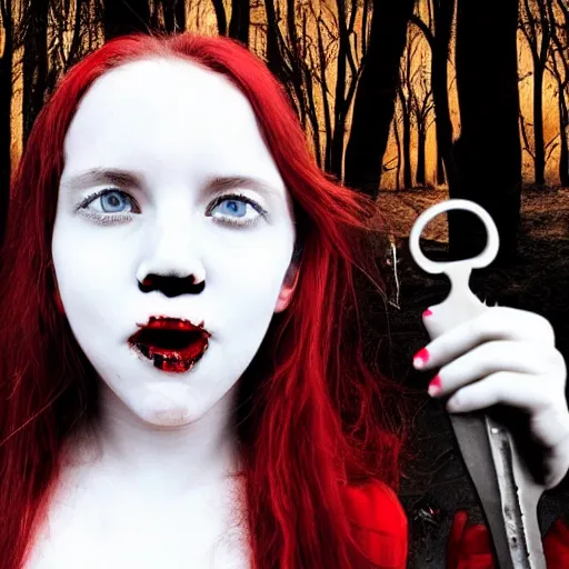 Image similar to a vampire girl with a creepy smile on her pure white face, shes holding a key in her right hand and she is staring into your soul, in the background a dark red forest is burning to ashes