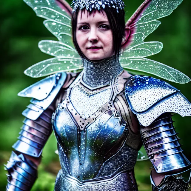 Image similar to full body photo of a fairy warrior wearing sparkly armour, highly detailed, 4 k, hdr, smooth, sharp focus, high resolution, award - winning photo