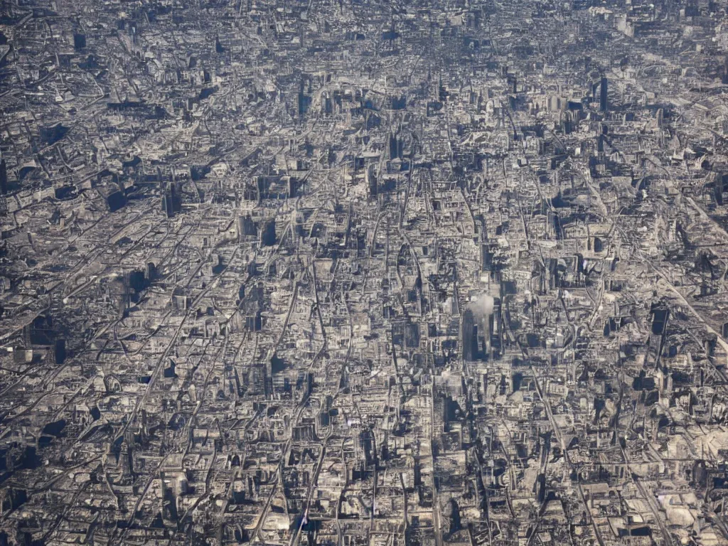 Image similar to city is being destroyed by a falling meteor, view from above, explosion, shreds, ruins