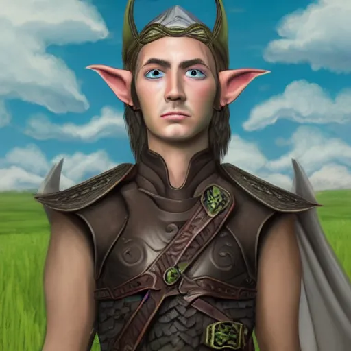 Prompt: fantasy portrait of an elf warrior with a field in the background, in the style of Josh Corpuz