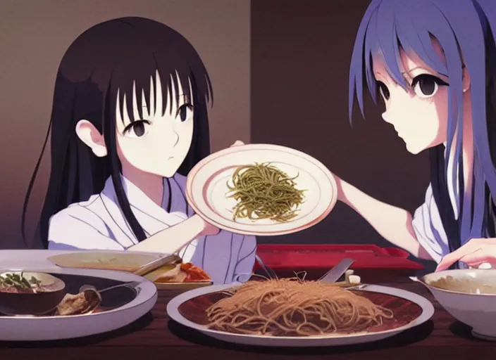 Prompt: a film still portrait of a plate with soba and udan, finely detailed features, closeup at the food, perfect art, at a dinner table, gapmoe yandere grimdark, trending on pixiv fanbox, painted by greg rutkowski makoto shinkai takashi takeuchi studio ghibli, akihiko yoshida