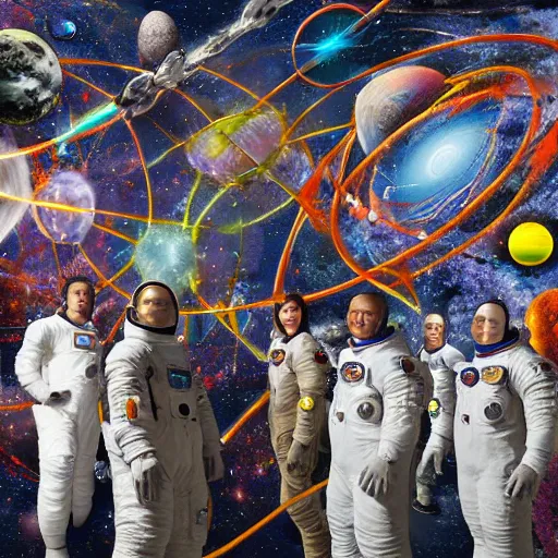 Image similar to collection on wall of cosmic elements, astronauts from the multiverse standing beside multiple portals to the multiverse