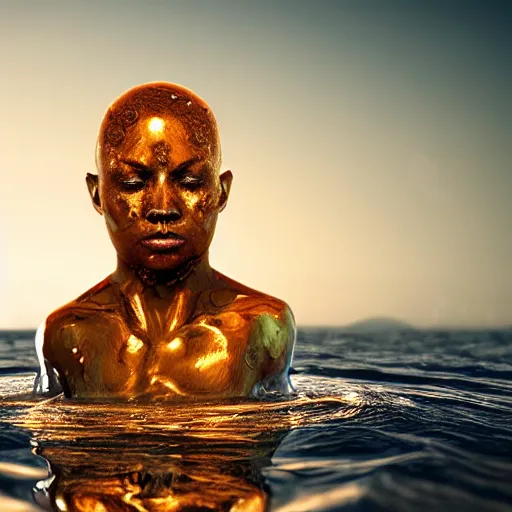 Image similar to a sculpture made of water in the shape of a human head, on the ocean water, water manipulation photoshop, cgsociety, cinematic, in the style of johnson tsang, long shot, hyper detailed, hyper realistic, ray tracing, 8 k resolution, sharp focus, realistic water, award winning