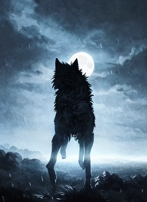 Image similar to Giant wolf with glowing eyes near small village, raining, full moon. In style of Yoji Shinkawa and Hyung-tae Kim, trending on ArtStation, dark fantasy, great composition, concept art, highly detailed, dynamic pose.