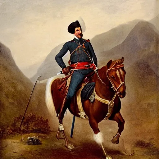 Prompt: portrait of a man mounted on horseback while raising a sword with his right hand pointed north, behind him 1 0 0 0 people can be seen fighting with swords and muskets typical of the war of independence, low light, cloudy, mountains in the foggy background