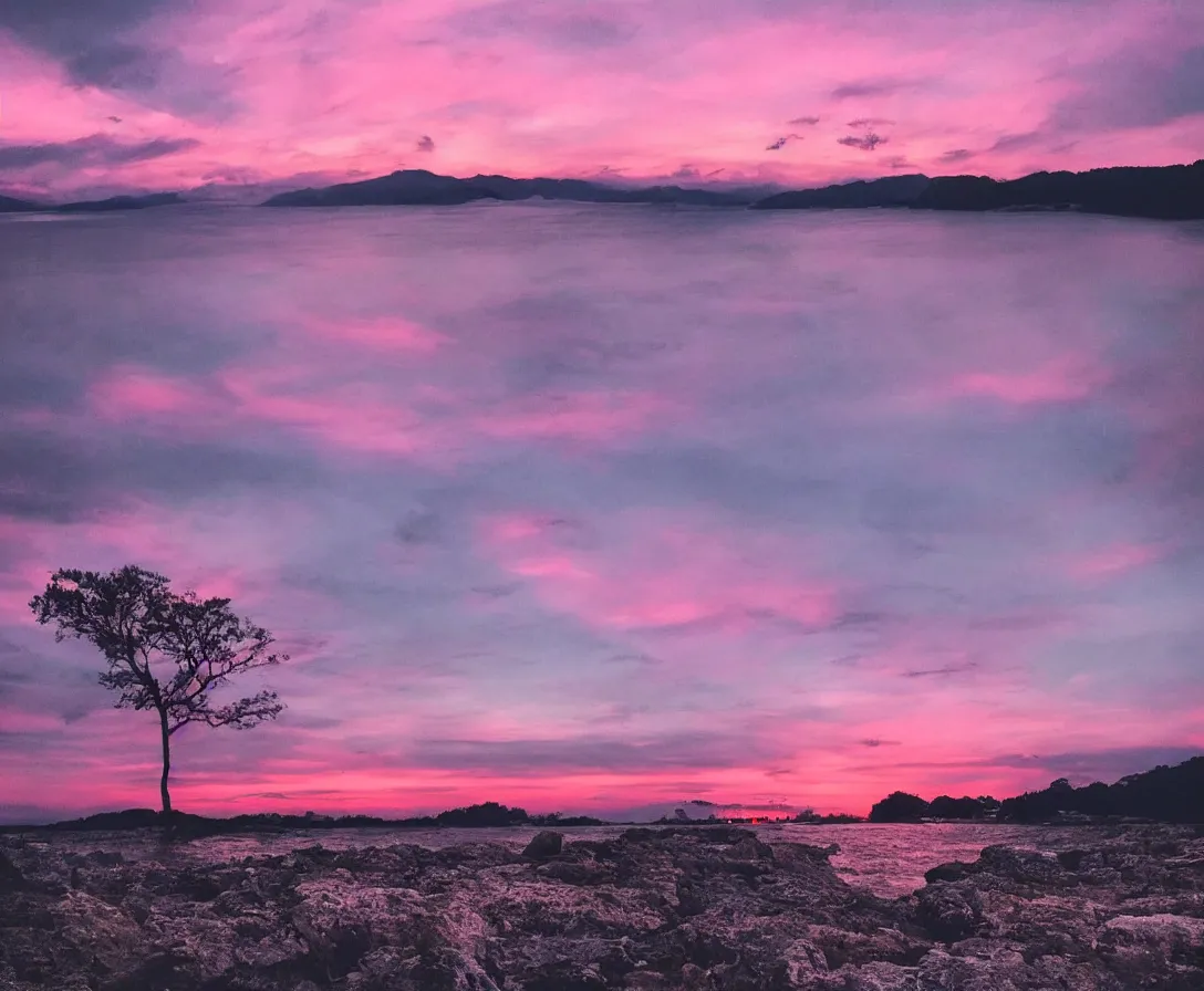 Image similar to majestic landscape, beautiful environment, pink sky, sunset, calm, serene