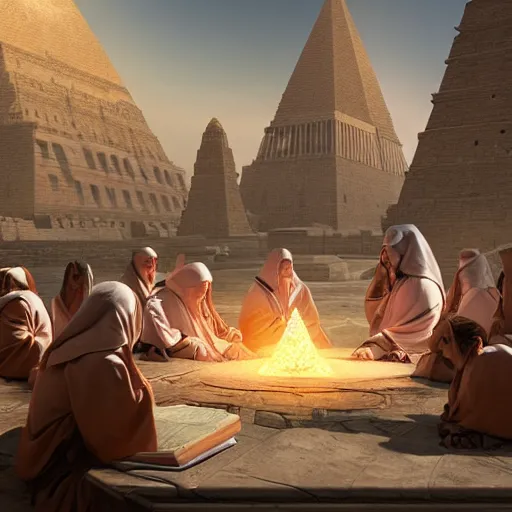 Image similar to a group of ancient sacred religious cult in robes studying in the middle of a technological sci fi advanced city with a large pyramid in its center, highly detailed, intricate, digital painting, trending on artstation, concept art, matte painting, art by greg rutkwowski, craig mullins, octane render, 8 k, unreal engine