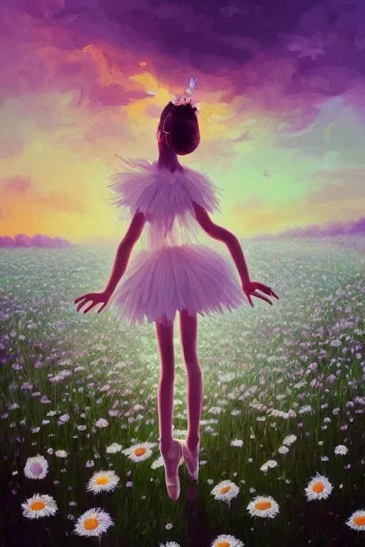 Image similar to giant white daisies flower as head, girl ballet in a flower field, surreal photography, sunrise, dramatic light, impressionist painting, colorful clouds, digital painting, artstation, simon stalenhag