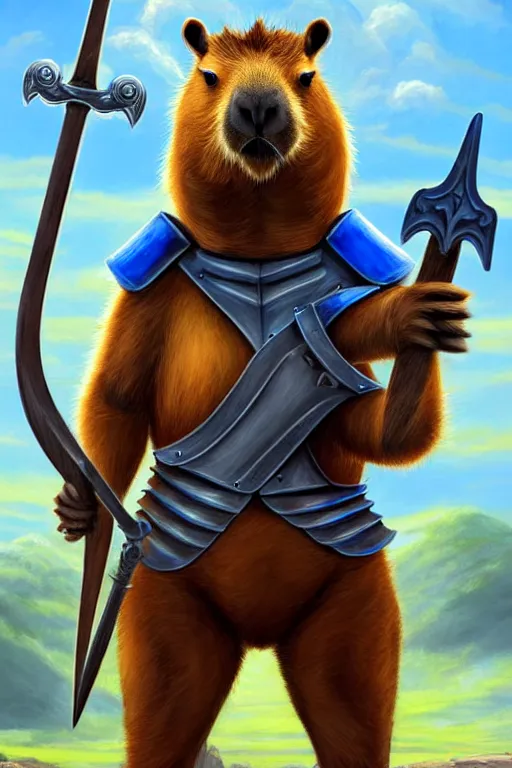 Image similar to an anthropomorphic capybara that is wearing full iron plate armor, a capybara that is dual wielding broadswords, as a matte oil painting and d & d art, standing, fullbody, blue magic, sharp focus, award - winning, extremely detailed, 4 k,